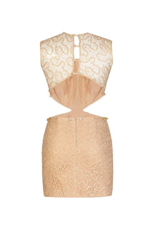 Stone Detailed Lace Mini Dress With Back Decollete